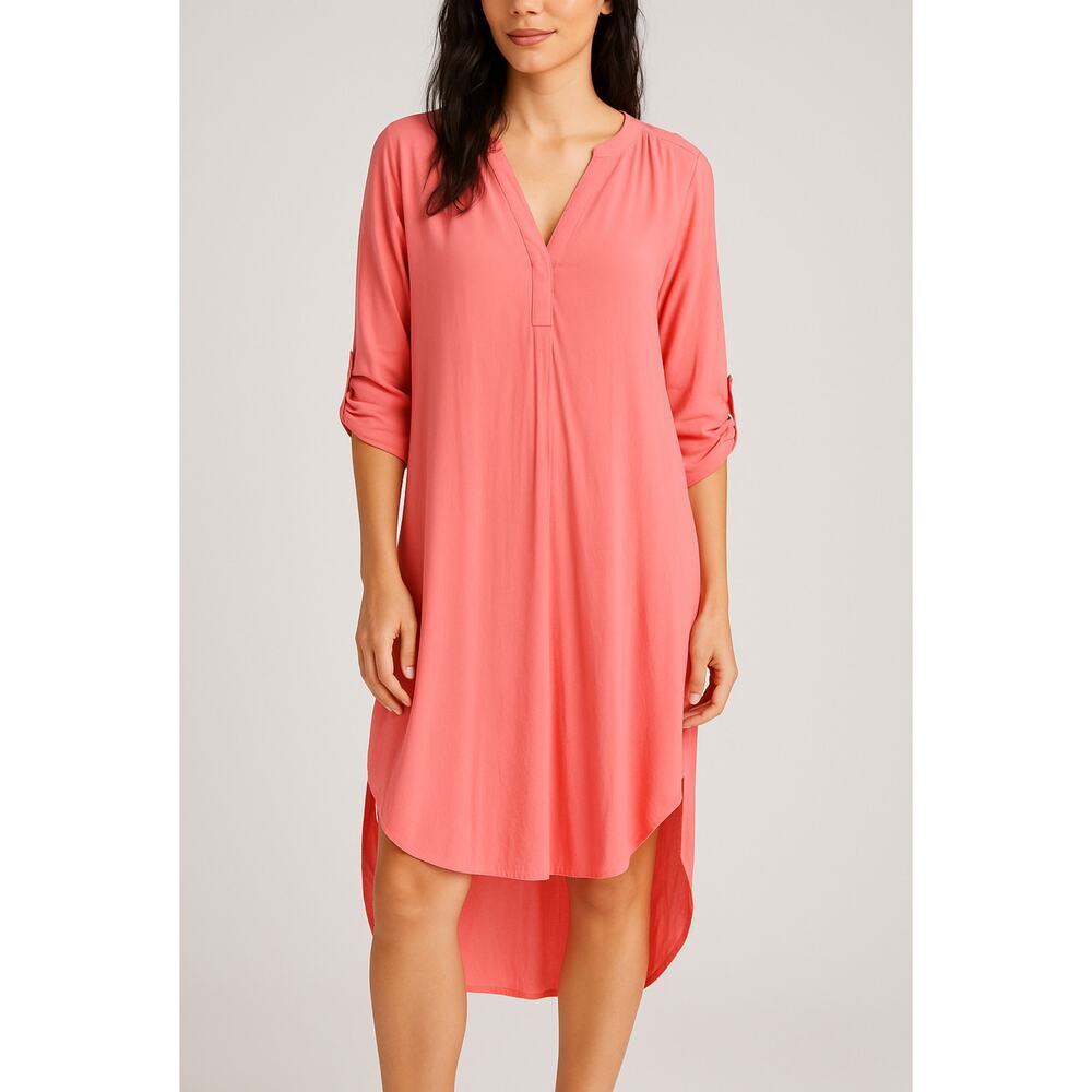 Cupio Coral Pink High-Low Tunic Dress M Roll Tab Sleeve Lightweight Cover Up